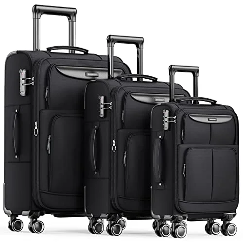 SHOWKOO Luggage Sets 3 Piece Softside Expandable Lightweight-Black