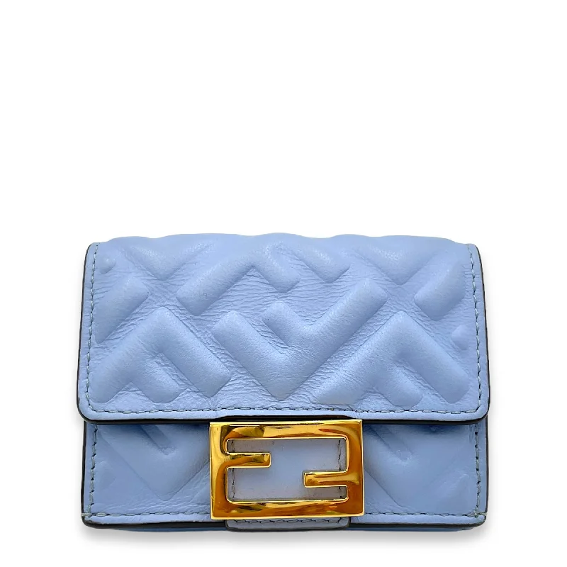 Baguette Trifold Micro Blue Wallet in Calfskin, Gold hardware