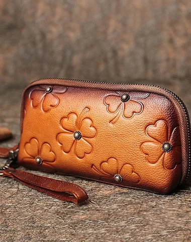 Handmade Clover Brown Leather Wristlet Wallets Womens Zip Around Wallet Ladies Cute Clutch Wallet for Women