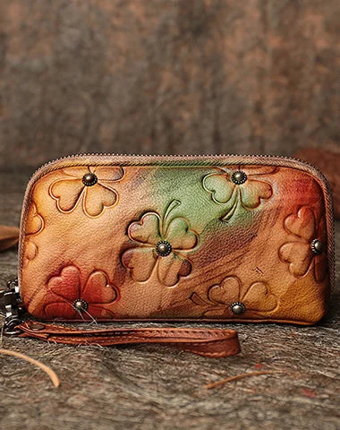 Handmade Clover Colorful Brown Leather Wristlet Wallets Womens Zip Around Wallet Ladies Cute Clutch Wallet for Women