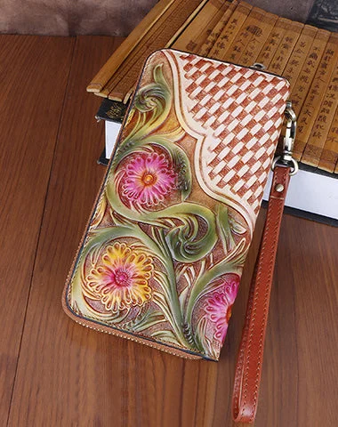 Handmade Vintage Flowers Floral Brown Leather Wristlet Wallet Womens Zip Around Wallets Flowers Ladies Zipper Clutch Wallet for Women