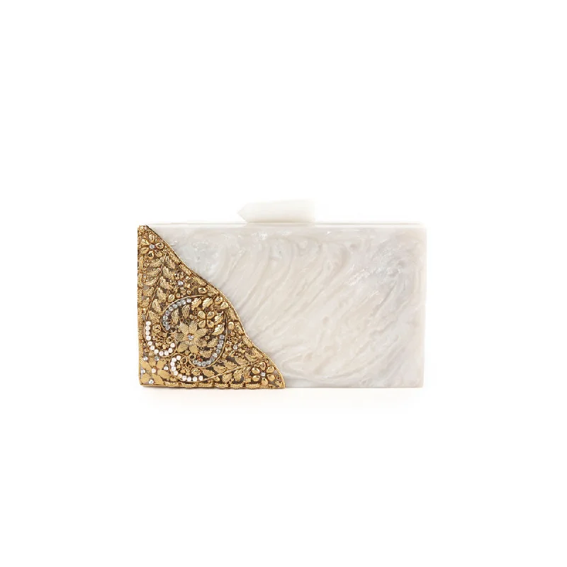 Odette White And Gold Resin Box Clutch For Women