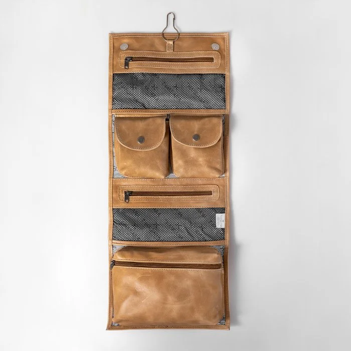 Thandana Roll Up Leather Toiletry Bag With Hook | Hazelnut