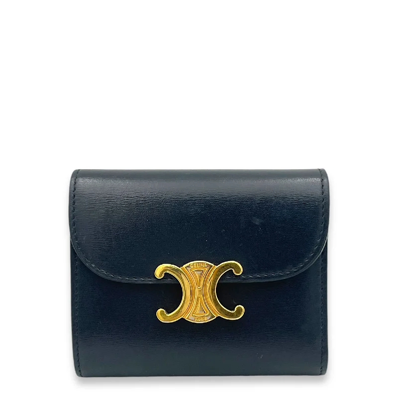 Triomphe Compact Blue Wallet in Calfskin, Gold hardware