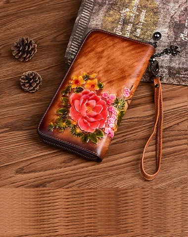 Vintage Flowers Brown Leather Wristlet Wallet Womens Zip Around Wallets Flowers Ladies Zipper Clutch Wallet for Women