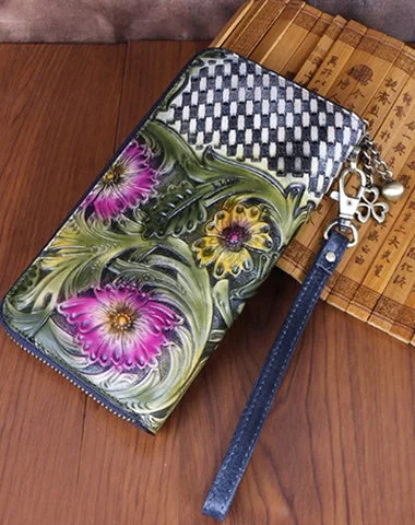 Vintage Handmade Flowers Floral Gray Leather Wristlet Wallet Womens Zip Around Wallets Flowers Ladies Zipper Clutch Wallet for Women