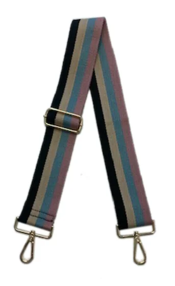 4-COLOR VERTICAL STRIPE 2" COTTON WEB ADJUSTABLE STRAP- BLACK/CREAM/BLUE/PINK - GOLD HARDWARE