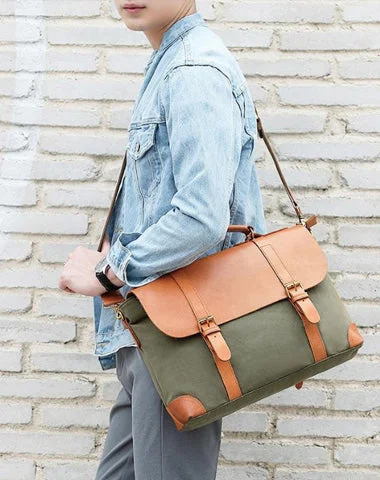 Army Green Leather Canvas Mens Casual Briefcase Shoulder Bag Messenger Bags Casual Courier Bags for Men