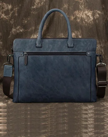 Brown Leather Men 14 inches Vintage Briefcase Handbag Blue Laptop Handbag Messenger Bag For Men