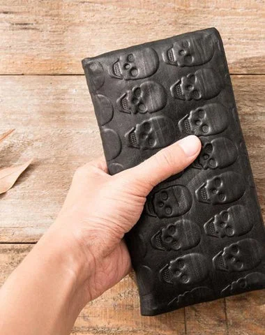 Cool Black Skull Leather Mens Long Wallet Long Wallet for Men