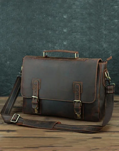 Vintage Brown Leather Mens 15 inches Laptop Work Bag Handbag Briefcase Shoulder Bags Business Bags For Men