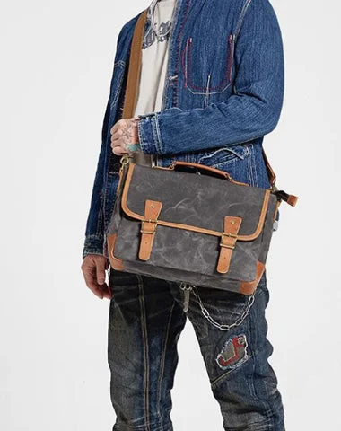 Dark Gray Waxed Canvas Leather Mens Briefcase Side Bag Messenger Bags Casual Courier Bag for Men