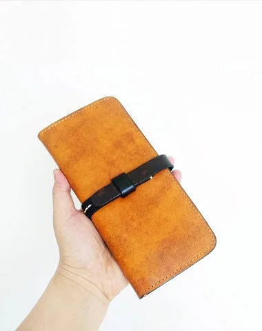 Handmade Vintage Mens Brown Bifold Leather Long Wallet Cool Long Wallets for Men