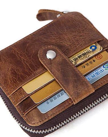 Handmade Genuine Leather Slim Zip Cards Wallet billfold Wallet Coin Purse Bag For Mens