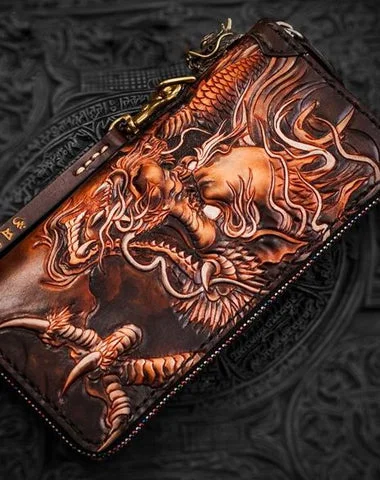 Handmade Leather Tooled Chinese Dragon Mens Chain Biker Wallet Cool Leather Wallet Long Phone Wallets for Men