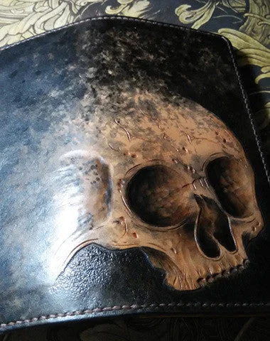 Handmade Long leather wallet men skull tooled carved long wallet for him