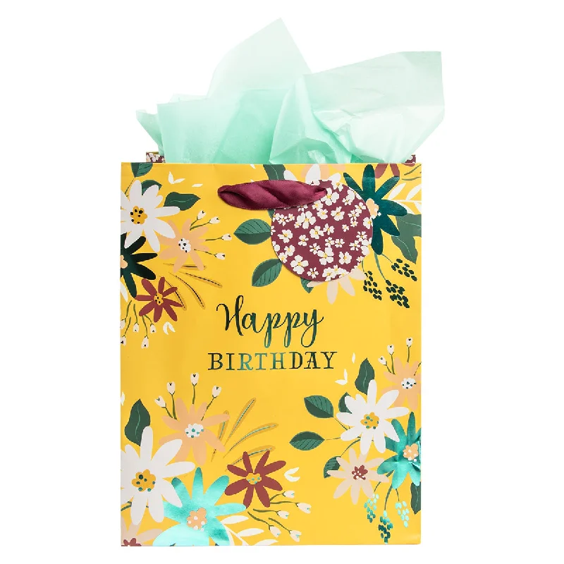 Happy Birthday Yellow Medium Gift Bag With Gift Tag