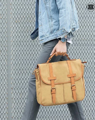 Khaki Canvas Leather Mens Casual Briefcase Shoulder Bag Messenger Bags Casual Courier Bags for Men